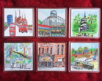 Coasters Colourful Set Of 6  Battersea Memories Coasters. A very popular Seller makes an ideal gift for those who love Battersea&#39;s Past.