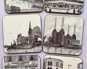 Battersea Memories Set of 6 Coasters. Gloss Finish Size 9cm x 9cm by artist Bernie Wighton. Also available as matching placemats.