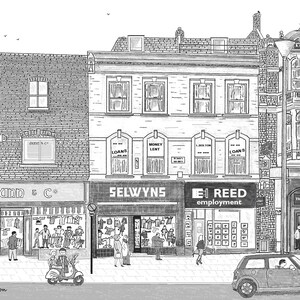 St John's Hill Clapham Junction Shops Back In The Day 7" x 5" oryginalny wydruk w oprawie z tektury 8" x 10 autorstwa artysty Berniego Wightona