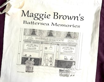 Tote Bag  A fun nostalgic tote bag featuring Maggie Brown's Pie and Mash Shop in Battersea back in the day by artist Bernie Wighton.