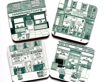 Pie & Mash 4 Coaster Set  MDF Gloss Finish Cork Backed Size 9cm x 9cm by artist Bernie Wighton