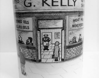 Pie and Mash Shop G. Kelly 11oz Porcelain East End Mug by Artist Bernie Wighton