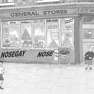 Battersea Corner Shop Wydruk 7" x 5" Wydruk na tekturze 10" x 8" Poyntz Road z Shellwood Road autorstwa artysty Berniego Wightona.