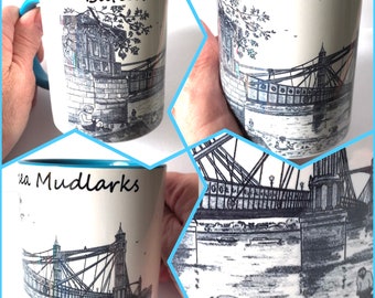 Battersea Mudlarks 11 oz Memory Mug with Albert Bridge by artist Bernie Wighton