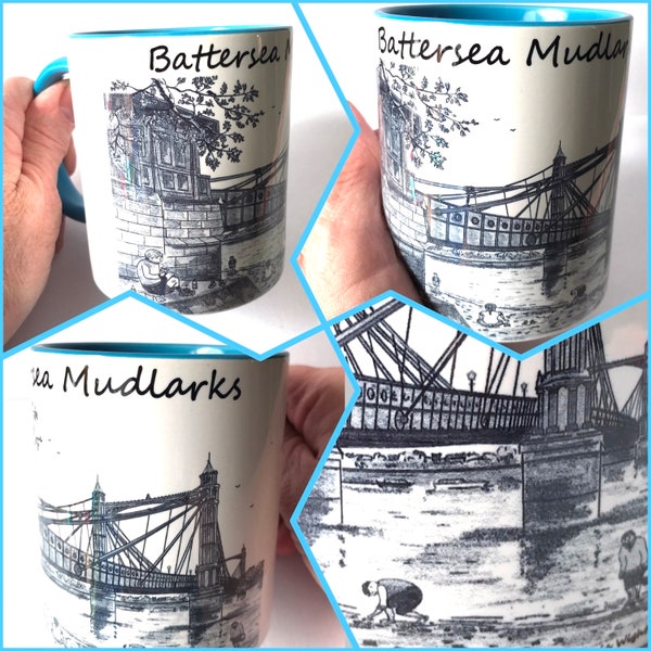 Battersea Mudlarks 11 oz Memory Mug with Albert Bridge by artist Bernie Wighton