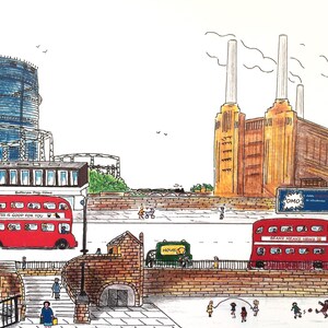 May include: A hand-drawn illustration of a city scene with two red double-decker buses, a brick building, a gas holder, and a power station with tall chimneys. The buses have advertisements on the side, one for Guinness and the other for "Beans Mean Heinz" with the number 44. The power station has a sign that says "ESSO".