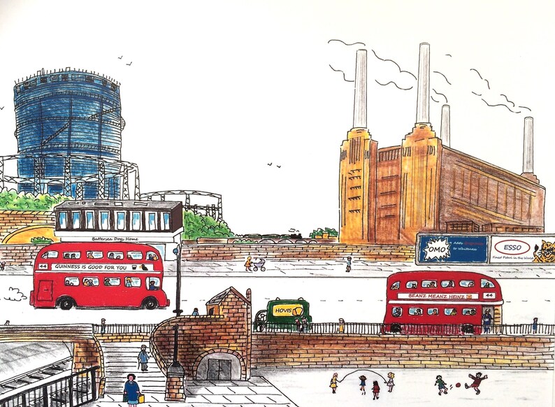May include: A hand-drawn illustration of a city scene with two red double-decker buses, a brick building, a gas holder, and a power station with tall chimneys. The buses have advertisements on the side, one for Guinness and the other for "Beans Mean Heinz" with the number 44. The power station has a sign that says "ESSO".