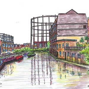 Hackney Regents Canal  Print A4 Print a in Cardboard Mount 14" x 11". Original work by London artist Bernie Wighton.