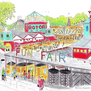 Battersea Fun Fair Wydruk 5"x 7" Wydruk w tekturowej oprawie 8" x 10" autorstwa artysty Bernie Wightona