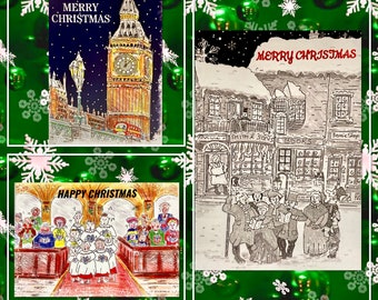 Collection de 3 cartes Jolly Christmas 150 mm x 150 mm par l'artiste Bernie Wighton