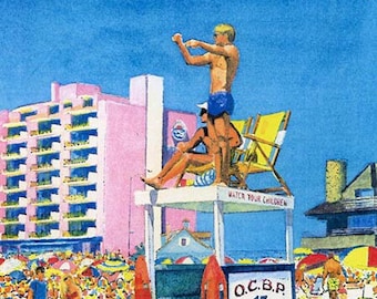 May include: A vintage illustration of a lifeguard stand on a sunny beach. Two lifeguards are on the stand, with a sign that reads "O.C.B.P. 15". A lifeguard boat is in the foreground, and a pink building is in the background.