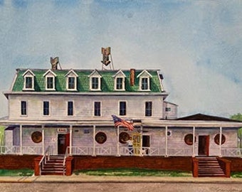 May include: A white building with a green roof and a porch. The building has a sign that says "BAR" and a flag hanging from the porch. There are two windows on each side of the building.