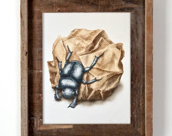 Recycle Tumblebug Beetle Watercolor 8x10in Print – Nature Insect Art, Recycling Inspired Wall Decor, Eco Friendly Dung Beetle Illustration