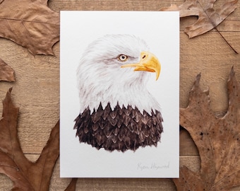 Bald Eagle Portrait 5x7in Watercolor Print — Birds of Prey Art, Wildlife Illustration, Birding Artwork, Bird Lover Gift, Nature Wall Decor
