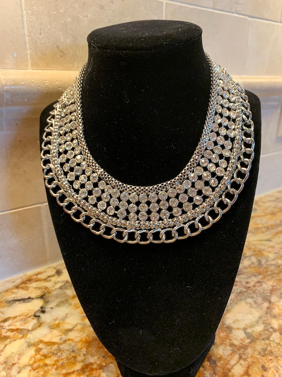 Rhinestone and silver tone chain collar necklace - image 1