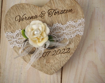 Personalized ring pillow wedding, vintage wooden heart ring pillow cream lace