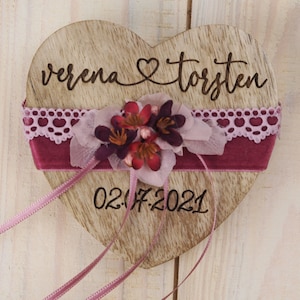 Ring pillow wood heart pink berry burgundy dried flowers