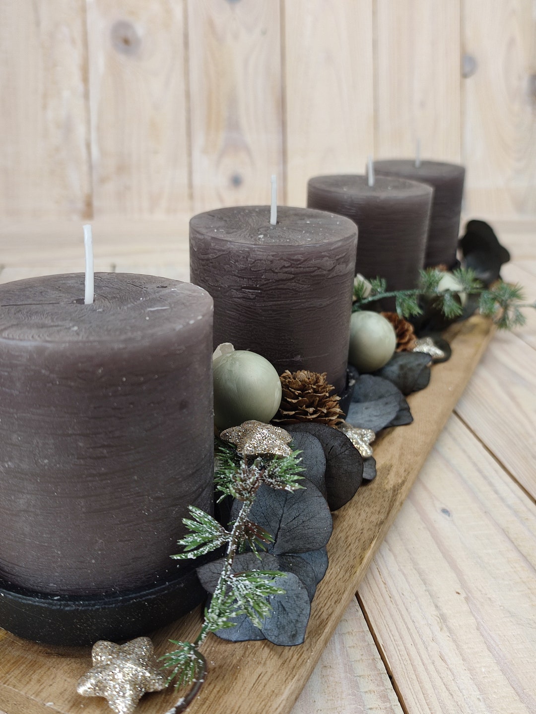 Couronne De L'Avent Allongée Bois Et Métal – Plateau 40x15 Cm, Pour 4 Bougies Piliers Ø8 Cm, Décoration Noël