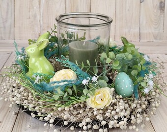 Tischkranz Frühling Ostern ca 35 cm Durchmesser grün Creme türkis