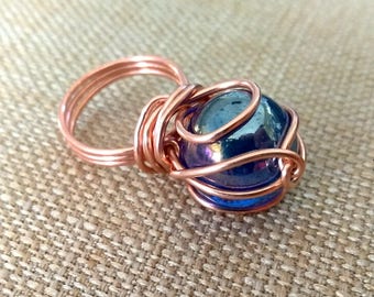 Crystal Ball Copper Ring, Gypsy Fortune Teller, Blue Crystal Ball Jewelry
