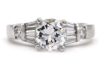 Anillo de compromiso para mujer con diamantes redondos, platino, baguette, semimontado y engastado en canal