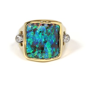 Natural Boulder Opal Rainbow And Diamond Bezel Set 18K Yellow White Gold Ring, Boulder Opal Ring, October Birthstone and Diamond Ring