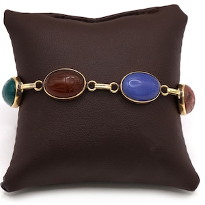 Vintage Scarab Gemstone Stone Carved Cabochon 14K Yellow Gold Bracelet 1960’s, Scarab Gemstone Bracelet, Womens Bracelet, Egyptian Bracelet