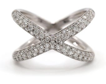 Diamond Pave Criss-Cross X 14K White Gold Statement Women’s Ring, Criss Cross Ring, Diamond Women's Ring, Pave Diamond Ring, Statement Ring
