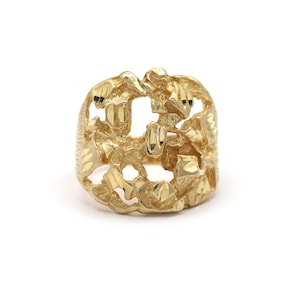 Solid Gold Nugget 14K Yellow Gold Diamond Cut Detailed Statement Men’s Ring, Men&#39;s Jewelry, Men&#39;s. Gold Ring, Gold Nugget Jewelry