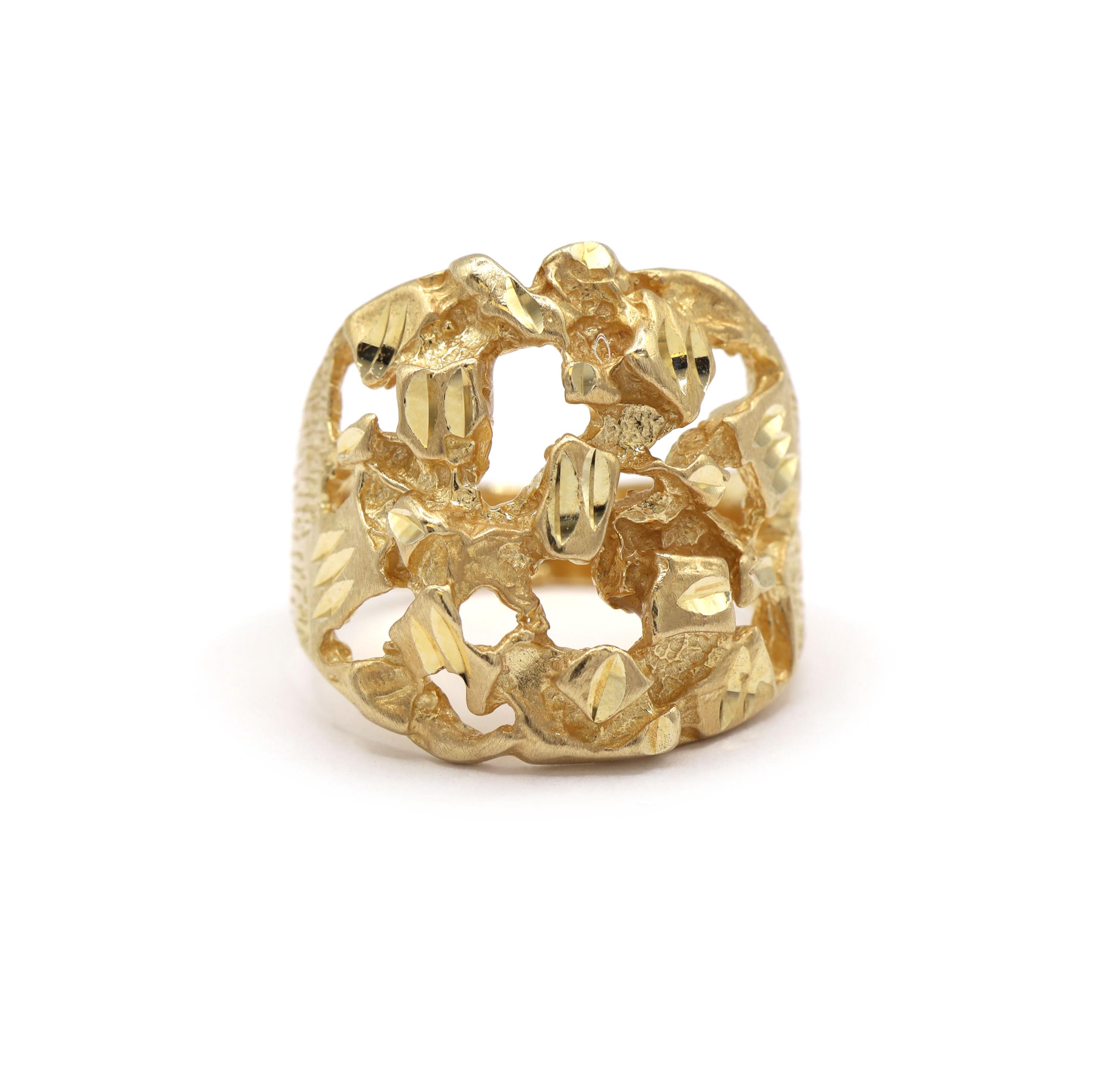 Solid Gold Nugget 14K Yellow Gold Diamond Cut Detailed Statement Men’s Ring, Men's Jewelry, Men's. Gold Ring, Gold Nugget Jewelry