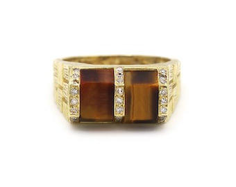 Brown Tigers Eye Diamond Brick 18K Yellow Gold Men’s Statement Ring