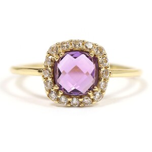 Cushion Rose Cut Amethyst And Diamond Halo 14K Yellow Gold Dainty Ring, Amethyst Purple Gemstone, Women&#39;s Diamond Gemstone Ring, Dainty Ring