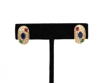 Pave Diamond Sapphire Ruby Emerald Oval 14K Yellow Gold Omega Clasp Earrings, Gemstone Earrings, Pave Gold Diamond Earrings, Womens Earrings