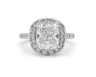 GIA 3,33ct Anel de noivado de ouro branco 14k com halo de diamante alongado, anel de noivado de halo de diamante, anel de diamante com corte almofada