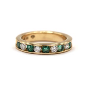 Emerald Diamond Alternating Stacking Solid 14K Yellow Gold Band Ring, Women&#39;s Gold Stacking Band Rings, Emerald Diamond Wedding Bands