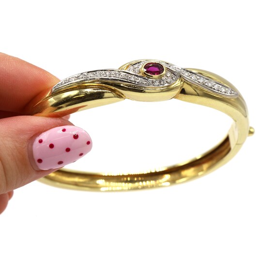 Oval Ruby Diamond Bangle Solid 18K Yellow Gold Wo… - image 6