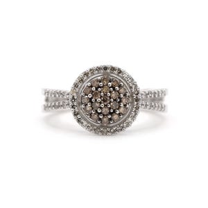 Braun und Weiß Diamant Pave Halo Doppel Schaft Statement Ring, Braun Diamant Ring, Champagner Diamant Ring, Schokolade Diamant Ring