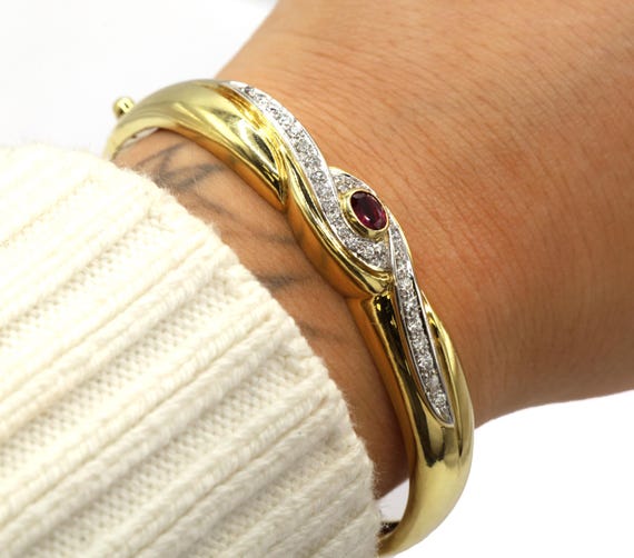 Oval Ruby Diamond Bangle Solid 18K Yellow Gold Wo… - image 7