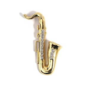 Collar con colgante de saxofón en oro amarillo y blanco de 14 quilates con bisel de diamantes, colgante de saxofón, joyería de saxofón, collar con colgante de instrumento