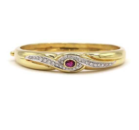 Oval Ruby Diamond Bangle Solid 18K Yellow Gold Wo… - image 1