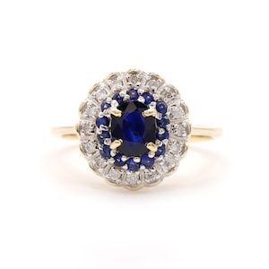 Oval Blue Sapphire Double Halo Diamond Monochromatic 14k Yellow Gold Ring, Sapphire Diamond Ring, Sapphire Jewelry, 14k Yellow Gold Jewelry