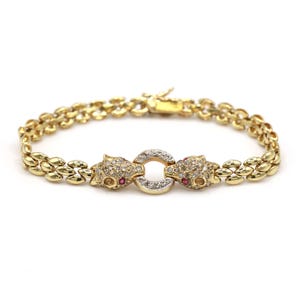Pulseira de corrente de elos de ouro amarelo 14K Panther Diamond Pave Ruby Eyes 7,5”