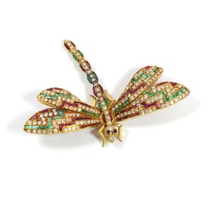 Dragonfly Butterfly Natural Emerald Ruby Diamond 18k Yellow Gold Brooch Pin Pendant, Solid 18k Gold Pin, Dragonfly Pin Jewelry, Gold Pin