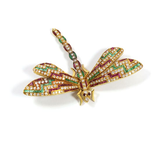 Dragonfly Butterfly Natural Emerald Ruby Diamond … - image 1