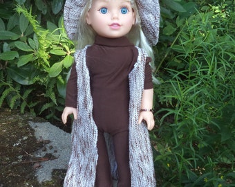 18" dance wear, brown exercise outfit, brown doll leotard, doll tights, 18" doll duster, leg warmers, matching hat, 5 piece doll outfit