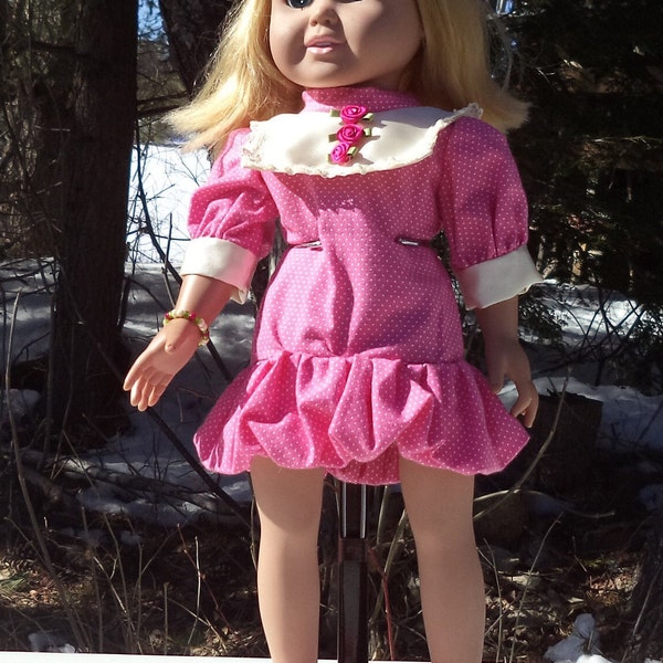 18" pink and beige doll dress,  bubble skirt doll dress, matching shoes, hair barrette and bracelet/anklet, ivory collared doll dress