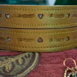 Gold Leather Bracelet that Converts into Bondage Cuffs Lined with Lamb Leather Hand Tooled and Dyed