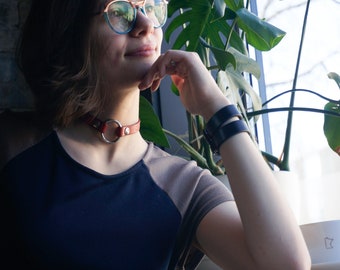 Hand Tooled Leather O Ring Choker: Punk Goth Stainless Steel Necklace