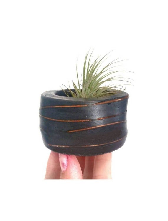 Black Concrete Vessel with Copper/Modern Air Plant Holder/Tea light Holder/Office Planter/Succulent/Indoor Planter/Dorm decor/Minimalist