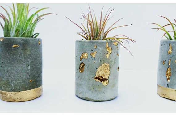 Concrete Gold Leafing Mini Planter,Air Plant Holder, Modern Metallic planter, Succulent Planter, Indoor Planter,Concrete Home Decor